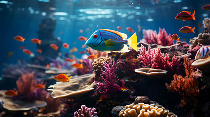 Fototapeta na wymiar Colourful fishes are swimming in underwater coral