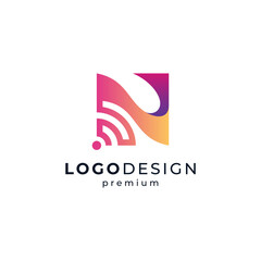shiny letter N with signal for internet and connection logo design