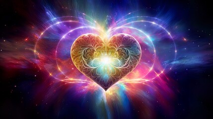 Fototapeta premium Cosmic love, the heart as the soul's sanctuary. Esoteric heart, soul, and emotions in universal love. Mystical, spiritual connection, chakra, connectedness.