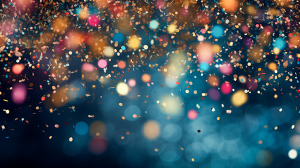 celebration confetti and glitter exploding in vibrant colors, shiny and sparkles, blue gold and purple tones