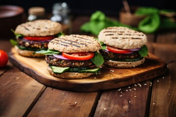 grilled veggie burgers with sesame buns on a wooden table