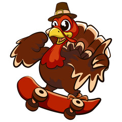 cartoon character mascot of a turkey skating on a skateboard