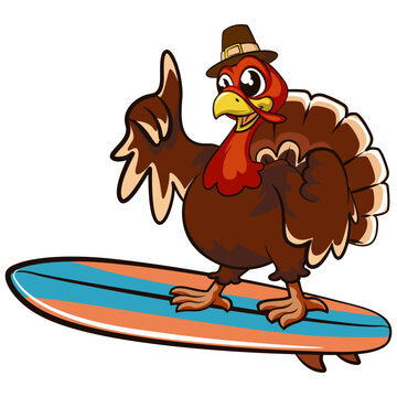 recommend clip art: cartoon character mascot of a surfing turkey with a surfboard