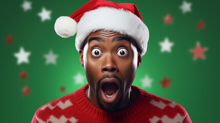 Homme noir afro américain, étonné à Noël, bonnet de père Noël - obrazy, fototapety, plakaty