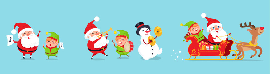 Santa Claus big Christmas and New Year set. Set of funny cartoon Santa with different emotions and situations. Happy old man and snowman. Santa with elf. Christmas scenes for your festive design