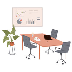 Meeting room in business center office. Modern conference hall, preparation for formal event, corporate consultation or employee discussion. Vector flat style cartoon workplace for team brainstorming