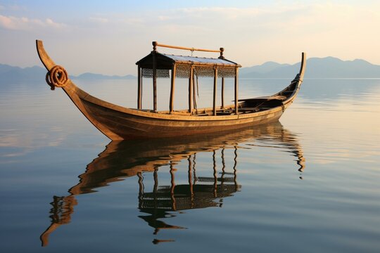 an image of a traditional Thai boat gracefully floating on calm water. Generative AI