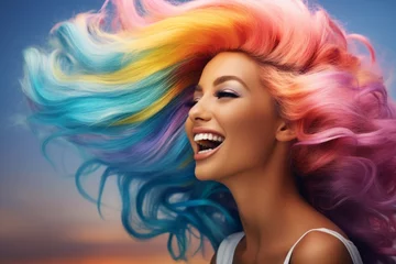 Foto op Canvas A happy young girl with rainbow colored long hair. Kidcore style. © Alexandr