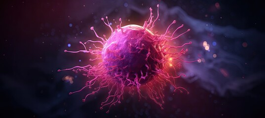 Tumor microenvironment background with cancer cells, T-Cells, nanoparticles, molecules, aand blood vessels. Oncology research concept