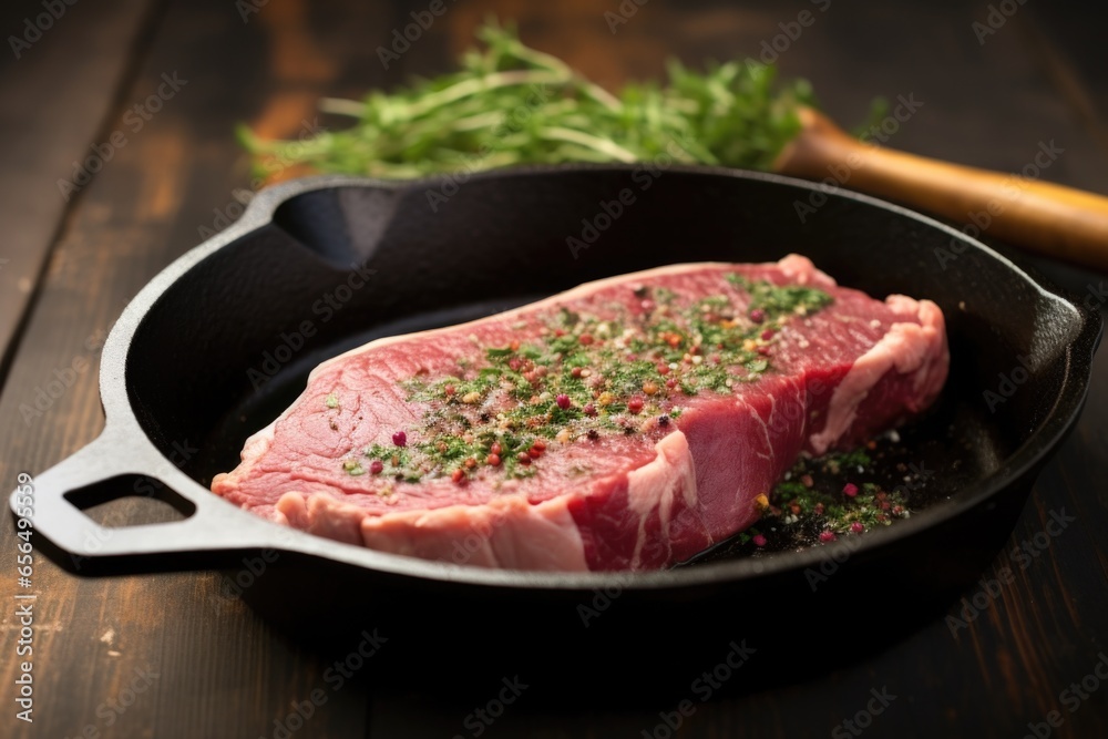 Sticker raw steak with herb rub in a cast iron pan