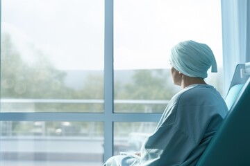 Cancer patients receiving chemotherapy treatment in a hospital. Woman with blue headscarf in bed suffering from cancer, battling with tumor. October breast cancer awareness month, world cancer day