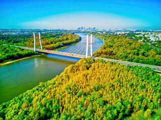 Drone aerial view of River Vistula in Warsaw, capital of Poland, autumn or fall. - obrazy, fototapety, plakaty