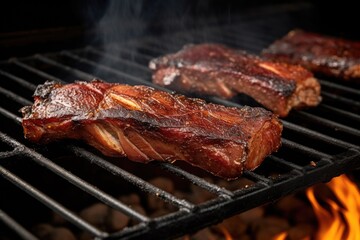 hickory smoked ribs on a grill with smoke rising