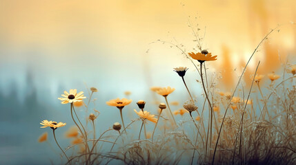 Natural background with blurred and focused yellow seasonal flowers in spring