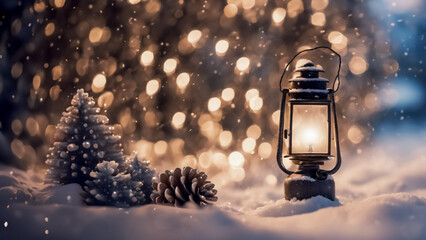 Lanterna sotto la neve con decorazioni natalizie - obrazy, fototapety, plakaty