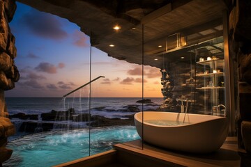 Luxurious bathroom featuring stunning ocean panorama. Generative AI