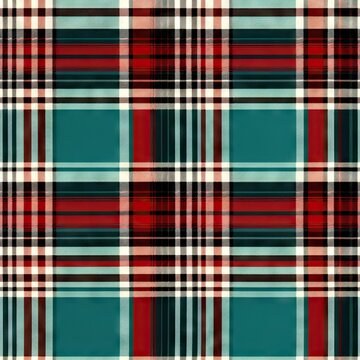 Black, white, teal blue and red scottish tartan plaid seamless pattern background. Royal stewart cloth in classic colors. Christmas geometric print. Woolen red fabric.