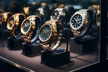 Luxury watches in a jewelry store display. Generative AI - obrazy, fototapety, plakaty