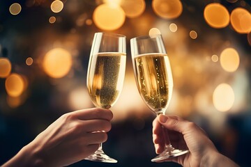 A festive toast at a party in honor of achieving goals or a holiday, a celebration at a luxurious social event. Greeting people with champagne and glasses. - obrazy, fototapety, plakaty