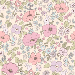Beautiful vector seamless pattern with cute colorful abstract flowers and white rabbits. Stock print illustration. Popular design.