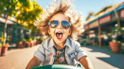 Happy kid boy in sunglasses having fun on city street with bicycle on beautiful summer day. Active child making sports. Outdoor activities, sports, leisure with kids concept - obrazy, fototapety, plakaty