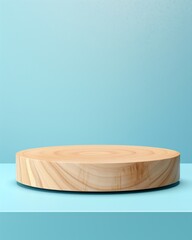 Elevate your product's presentation with this stylish mockup. A natural wood slice podium sits against a gentle light blue background, offering an elegant yet rustic stage for cosmetic products. 