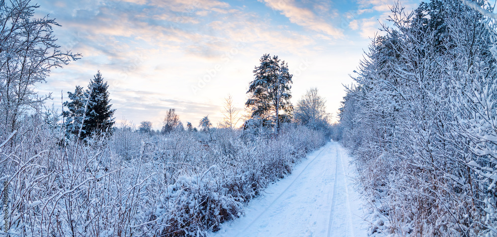 Wall mural beautiful view of the sunrise in the morning on the country snowy road.