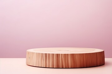 Elevate your beauty product presentation with this sophisticated mockup. A rustic wood slice podium stands against a delicate light pink background, intertwining the raw beauty of nature