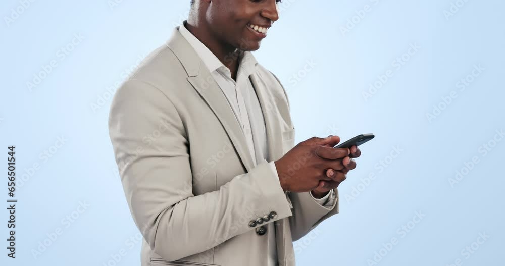 Poster Business man, phone text and smile from social media and web networking in a studio. African male entrepreneur, professional and app for work happy from website post scroll and blue background