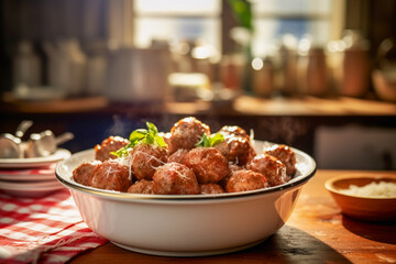 Delicious Italian meatballs in serving dish or bowl - obrazy, fototapety, plakaty