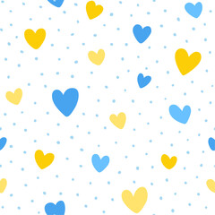 Seamless pattern with hearts in Ukrainian colors on white background. Ukrainian Flag. Vector illustration. Texture for print, textile, fabric.