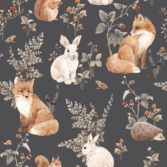 Beautiful seamless pattern with hand drawn watercolor forest fox hare hedgehog and squirrel animals and plants with berries. Stock illustration. Popular design.