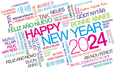 Happy New Year 2024 worldwide New Year's Eve celebration multicolor international wishes traduction colorful words tag cloud text greetings 
