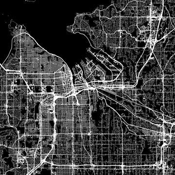 1:1 square aspect ratio vector road map of the city of  Tacoma Washington in the United States of America with white roads on a black background.