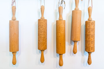 Set of wooden rolling pins on white background, kitchen utensils. - 656504543