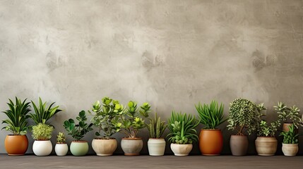 Many plants in pots in row at wall background, Home gardening concept.