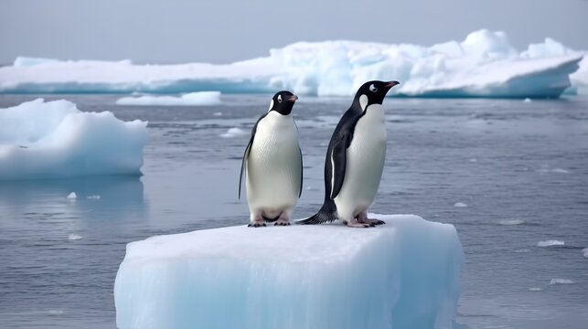 Pinguine treiben auf einer Eisscholle im Wasser. Eis in 
 der Antarktis und kaltes Wasser.