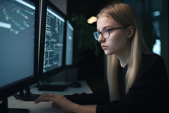 Computer Fachfrau vor dem Bildschirm beim Programmieren oder Überwachen von Daten. Nerd mit Brille am Laptop. Intelligente Frau bei der konzentrierten Arbeit am PC-System.