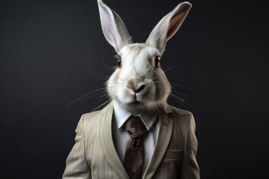Hase im Business Anzug. Kaninchen im Studio als Passfoto. Tiere mit Kleidung im Beruf. Anzug mit Krawatte als Mitarbeiter in einer Führungsposition. 