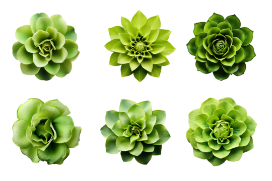 Selection of various green flowers isolated on a transparent background