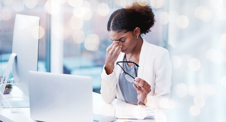 Frustrated business woman, laptop and headache in mistake, stress or anxiety on bokeh background at...