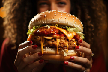 extra hot cheese burger , woman face background 