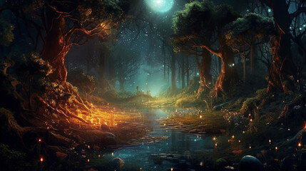 Night scene of a enchanted magical forest 