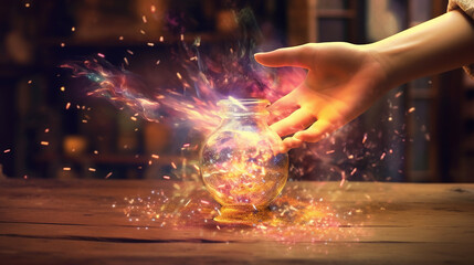 Fantastic and magical image of a potion container and colorful magic smoke 