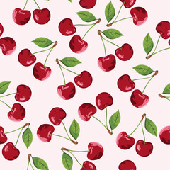 seamless pattern with red cherry and leaf on pink background