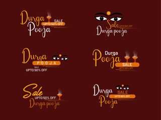 Vector illustration of typography emblem, badges and icons set on bengali Indian festival celebration. Happy Durga Pooja