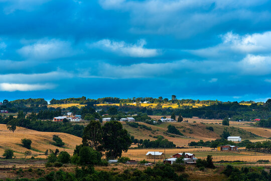 Overview of Meadows around Chonchi, Chiloe Island, Chile