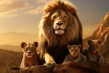 Obraz premium Digital image depicting a family of lions. Generative AI