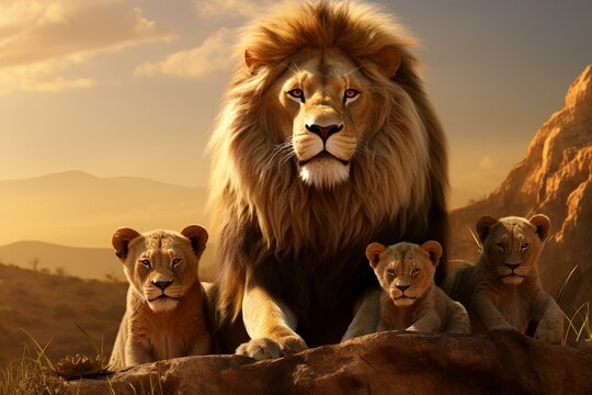 Digital image depicting a family of lions. Generative AI