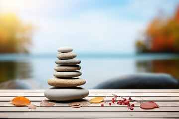 A stack of pebbles resting on wood, evoking spa and relaxation